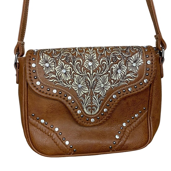 Montana West Handbags - Montana West Brown Faux Leather Conceal Carry  Shoulder Bag Embroidered
